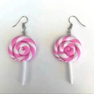 Pink & White Big Swirl Lollipop Earrings NWT